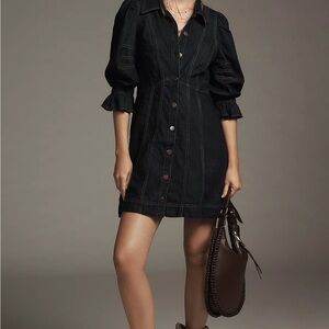 Anthropologie Puff-Sleeve Mini Denim Shirt Dress